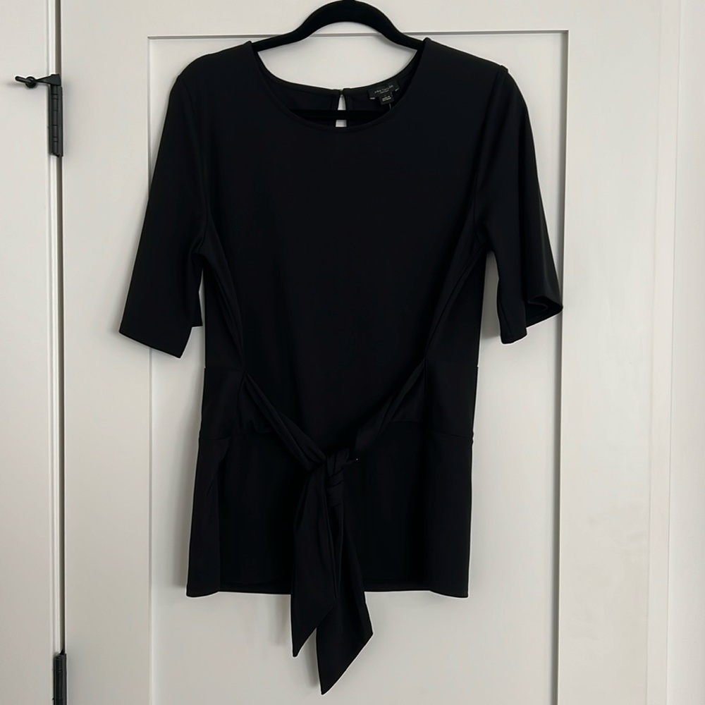 NWT Ann Taylor factory black short sleeve tie blouse, size L